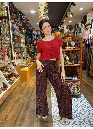 Bağlama Detaylı Beli Lastikli Siyah Desenli Etnik Pantolon