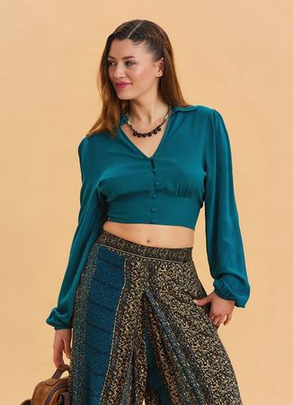 Gömlek Yaka Düğme Detaylı Petrol Crop Bluz