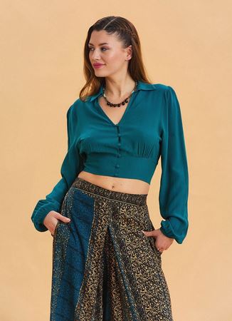 Gömlek Yaka Düğme Detaylı Petrol Crop Bluz