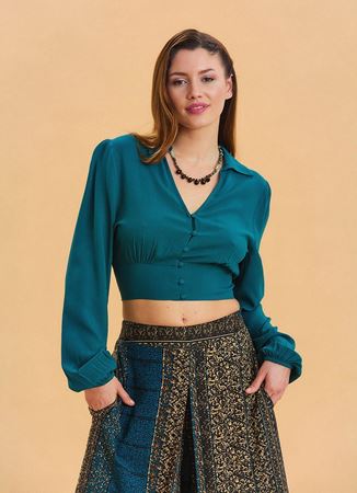 Gömlek Yaka Düğme Detaylı Petrol Crop Bluz