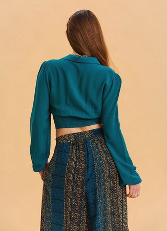 Gömlek Yaka Düğme Detaylı Petrol Crop Bluz