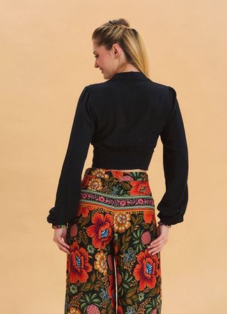 Gömlek Yaka Düğme Detaylı Siyah Yazlık Bluz