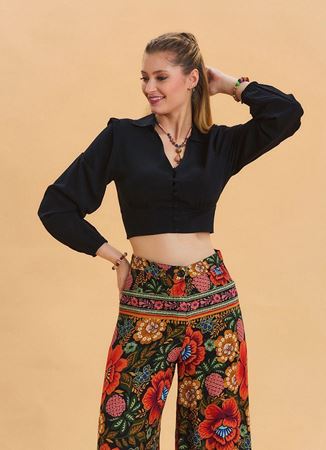 Gömlek Yaka Düğme Detaylı Siyah Yazlık Bluz