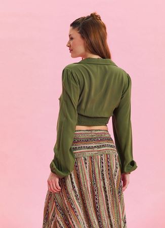 Gömlek Yaka Düğme Detaylı Haki Bohem Bluz