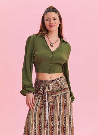 Gömlek Yaka Düğme Detaylı Haki Bohem Bluz