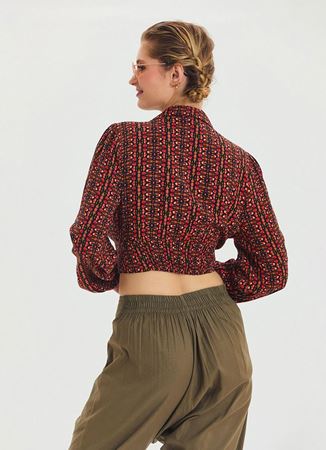 Desenli Gömlek Yaka Kırmızı Uzun Kollu Bluz