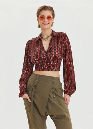 Desenli Gömlek Yaka Kırmızı Uzun Kollu Bluz