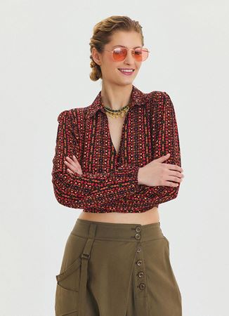 Desenli Gömlek Yaka Kırmızı Uzun Kollu Bluz