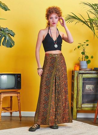 Palazzo Yüksek Bel Bol Kesim Hardal Çiçekli Pantolon