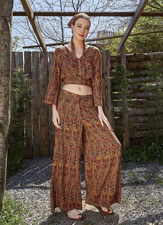 Palazzo Yüksek Bel Bol Kesim Hardal Desenli Pantolon