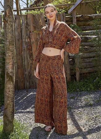 Palazzo Yüksek Bel Bol Kesim Hardal Desenli Pantolon