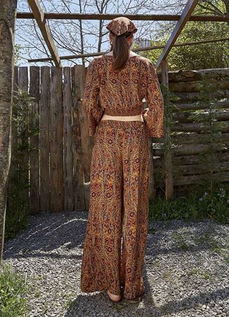 Palazzo Yüksek Bel Bol Kesim Hardal Desenli Pantolon