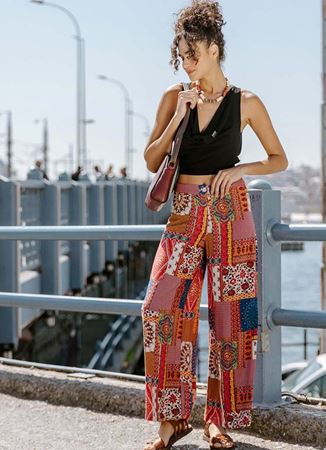 Palazzo Yüksek Bel Bol Kesim Kırmızı Desenli Pantolon 