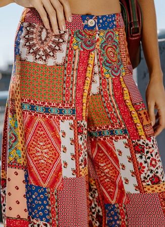 Palazzo Yüksek Bel Bol Kesim Kırmızı Desenli Pantolon 