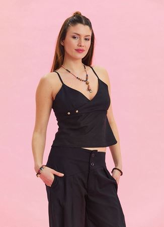V Yaka İnce Askılı Siyah Yazlık Bluz