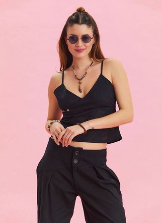 V Yaka İnce Askılı Siyah Yazlık Bluz