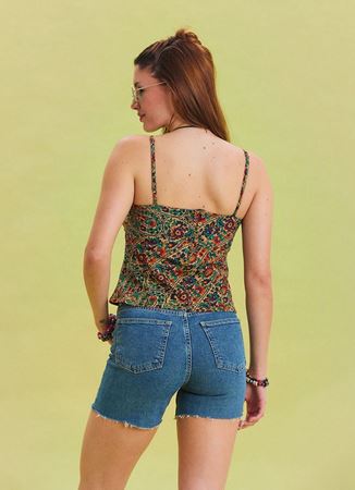 Çiçek Desenli İnce Askılı Ayarlanabilir Yeşil Crop Bluz 