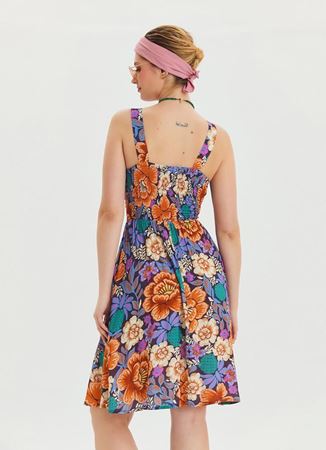 V Yaka Robadan Mavi Desenli Günlük Elbise