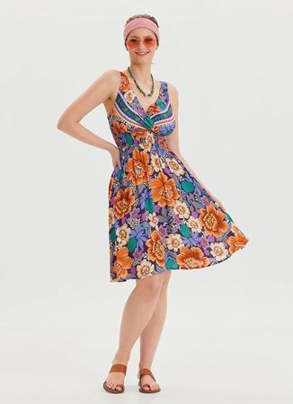 V Yaka Robadan Mavi Desenli Günlük Elbise