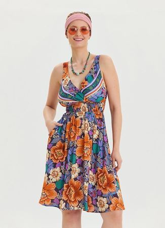 V Yaka Robadan Mavi Desenli Günlük Elbise