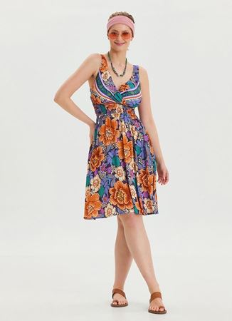 V Yaka Robadan Mavi Desenli Günlük Elbise