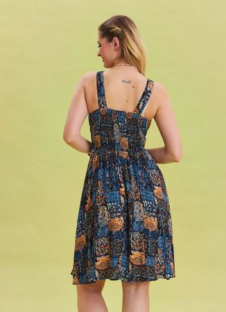 V Yaka Robadan Mavi Etnik Elbise