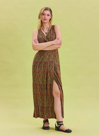 V Yaka Yırtmaç Detaylı Desenli Yeşil Uzun Elbise