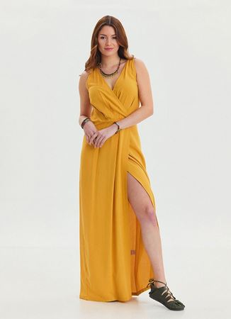 V Yaka Yırtmaç Detaylı Sarı Uzun Elbise