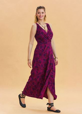 V Yaka Yırtmaç Detaylı Desenli Şarabi Uzun Elbise