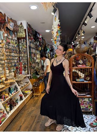 Sırt Detaylı Düz Renk Şık Bohem Elbise Siyah