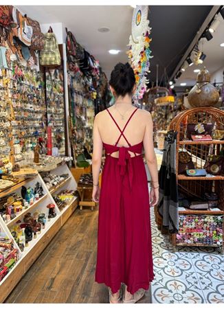 Sırt Detaylı Düz Renk Şık Bohem Elbise Koyu Kırmızı