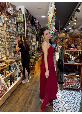 Sırt Detaylı Düz Renk Şık Bohem Elbise Koyu Kırmızı