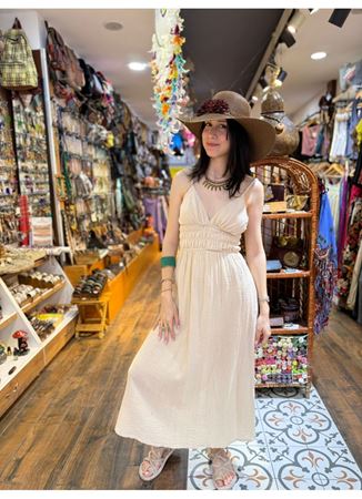 Bel Detaylı Pamuk Elbise Krem