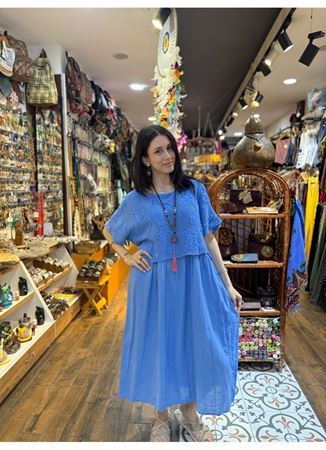 İtalyan Keten İkili Elbise Mavi