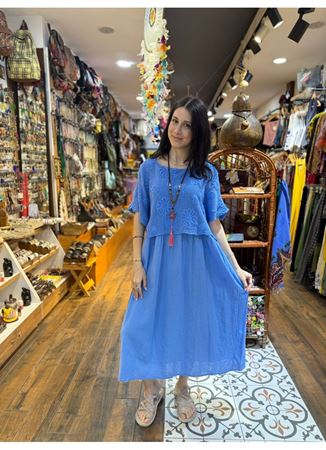 İtalyan Keten İkili Elbise Mavi