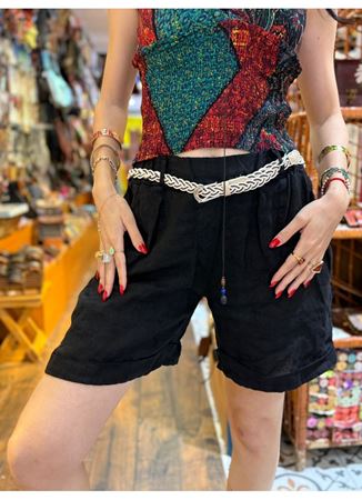 İtalyan Keten Kemerli Şort Siyah