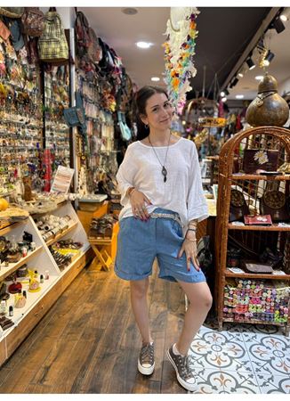 İtalyan Keten Kemerli Şort Mavi