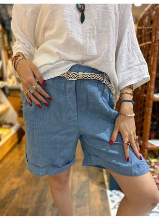 İtalyan Keten Kemerli Şort Mavi