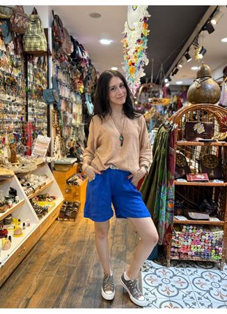 İtalyan Keten Kemerli Şort Mavi