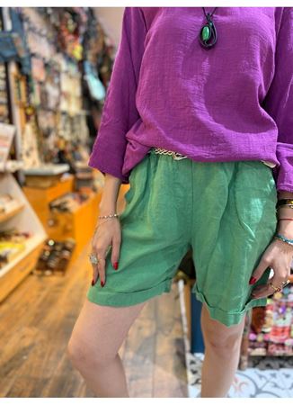 İtalyan Keten Kemerli Şort Yeşil