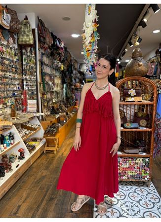 Müslin Elbise Kırmızı Tek Yırtmaçlı