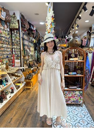 Müslin Elbise Krem Tek Yırtmaçlı