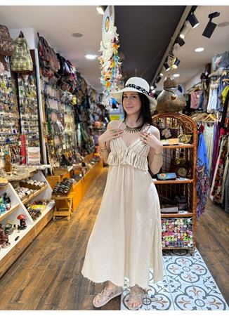 Müslin Elbise Krem Tek Yırtmaçlı