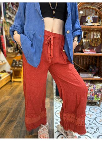 İtalyan Keten Paça Detaylı Pantolon Narçiçeği