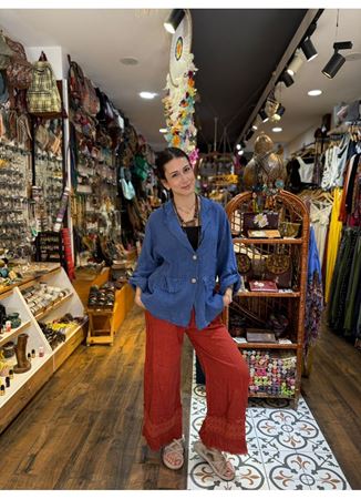 İtalyan Keten Paça Detaylı Pantolon Narçiçeği