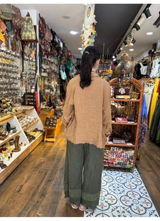 İtalyan Keten Paça Detaylı Pantolon Haki