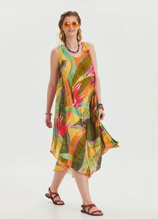 Kayık Yaka Bol Kesim Sarı Otantik Elbise