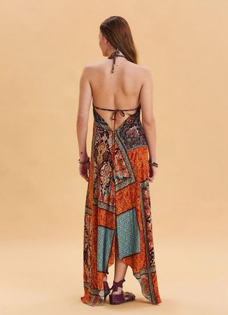 V Yaka Sırtı Açık Boyundan Bağlamalı Kahve Etnik Elbise