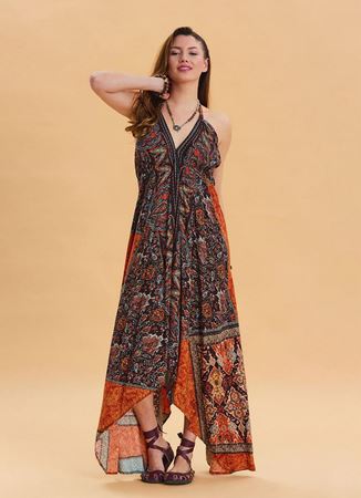 V Yaka Sırtı Açık Boyundan Bağlamalı Kahve Etnik Elbise