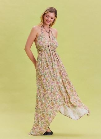 V Yaka Sırtı Açık Boyundan Bağlamalı Bej Çiçekli Elbise